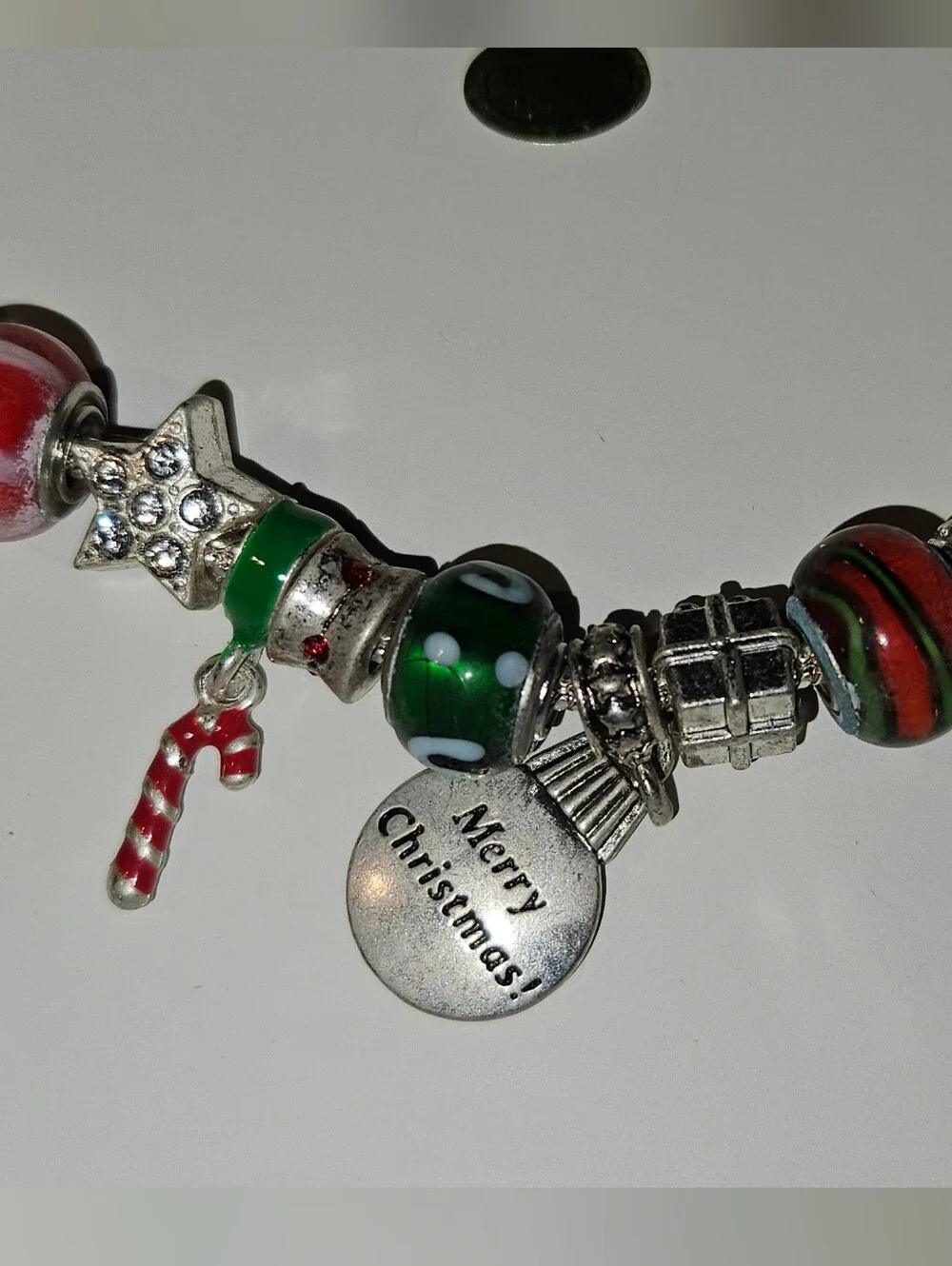 December Christmas Holiday Silver Tone Charm Bracelet with Red & Green